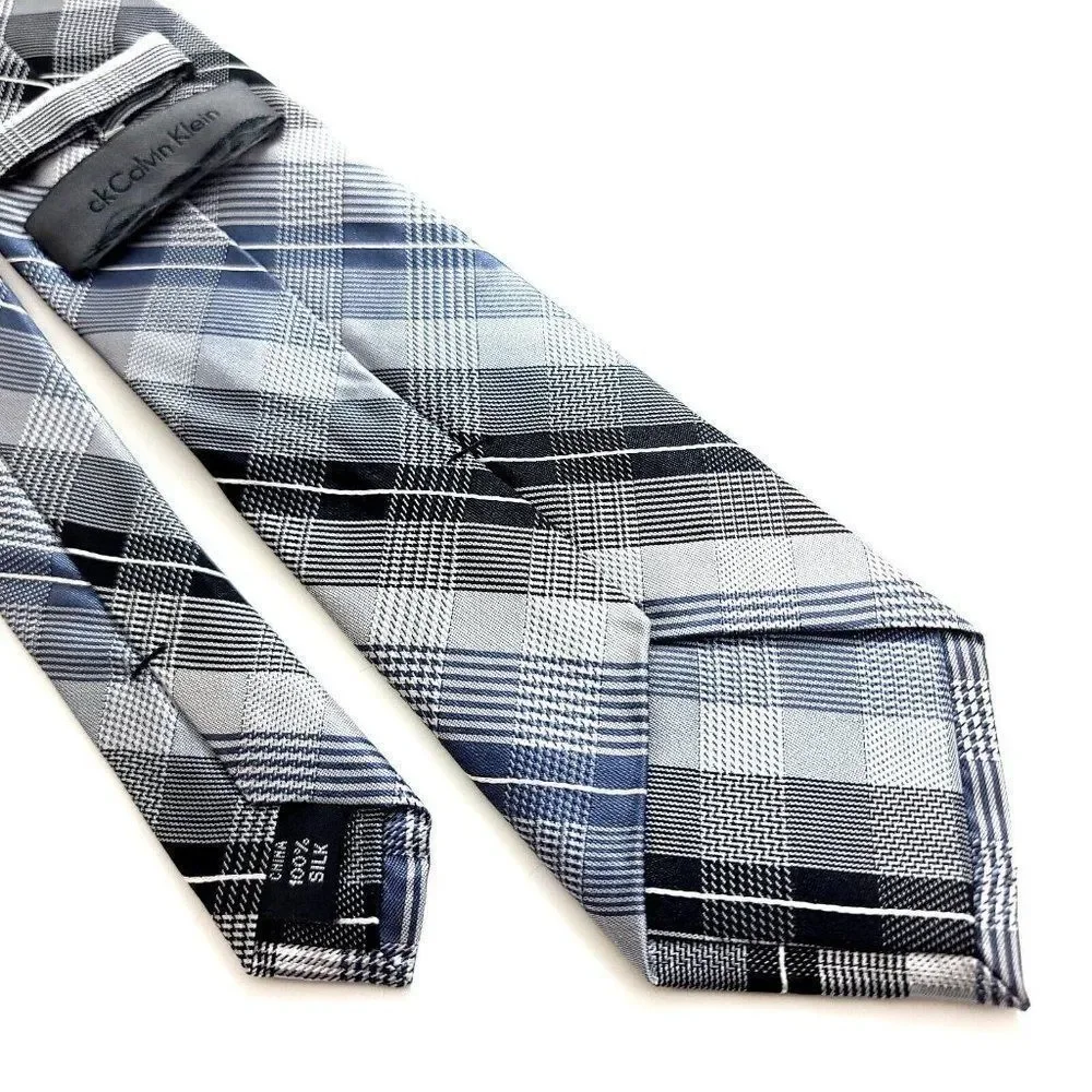 Calvin Klein Gray‎ Blue Plaid Woven Silk Tie
